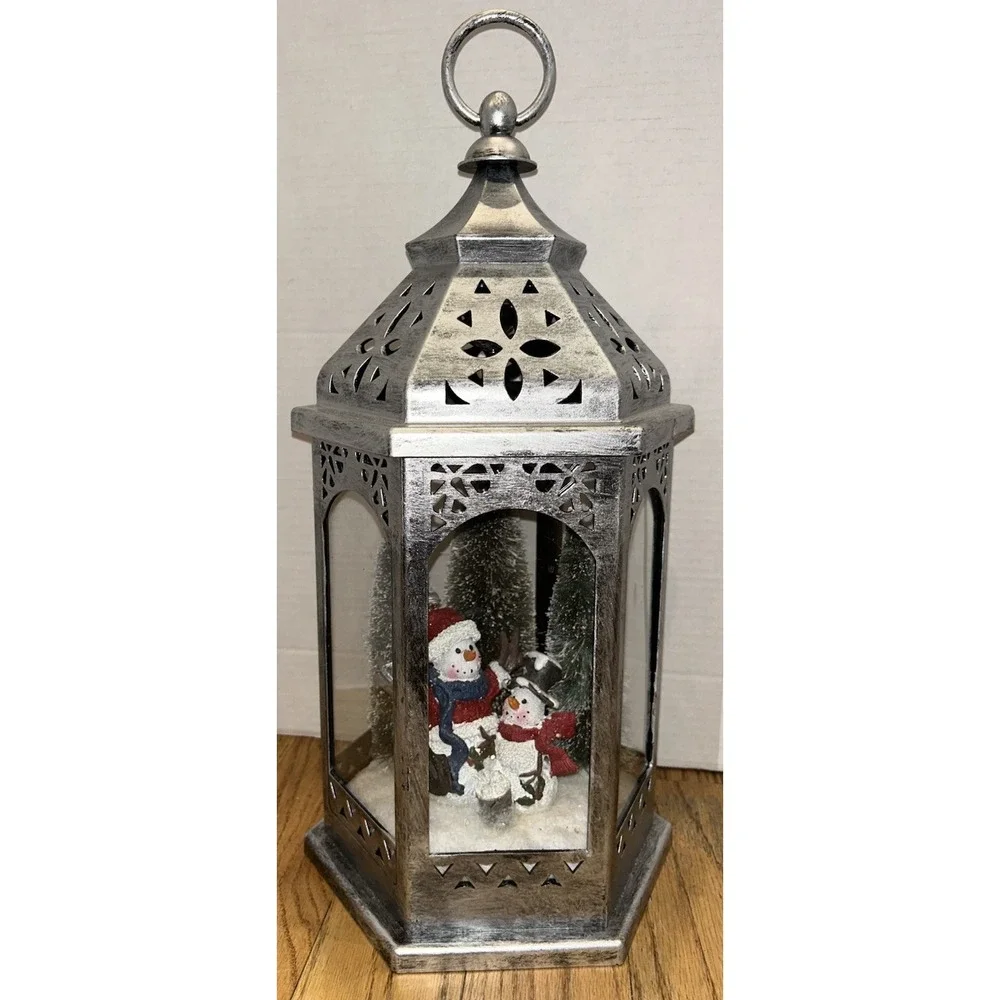 Christmas Silver Lantern Snowman Scene Trees‎ Light Lights Up Holiday Decor
